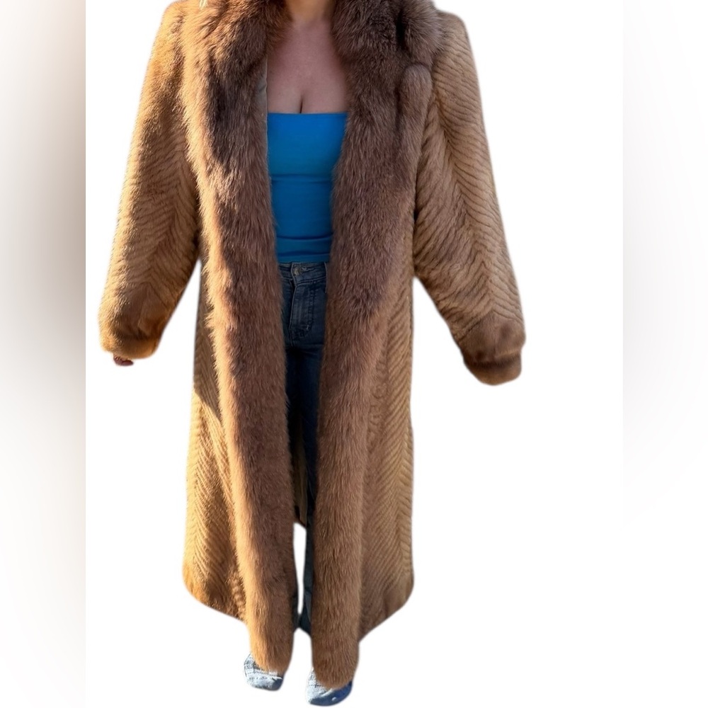 RARE Authentic SAGA Mink Fur Long Coat Camel Brown Herringbone SAGA Fox Trim M - Picture 4 of 14